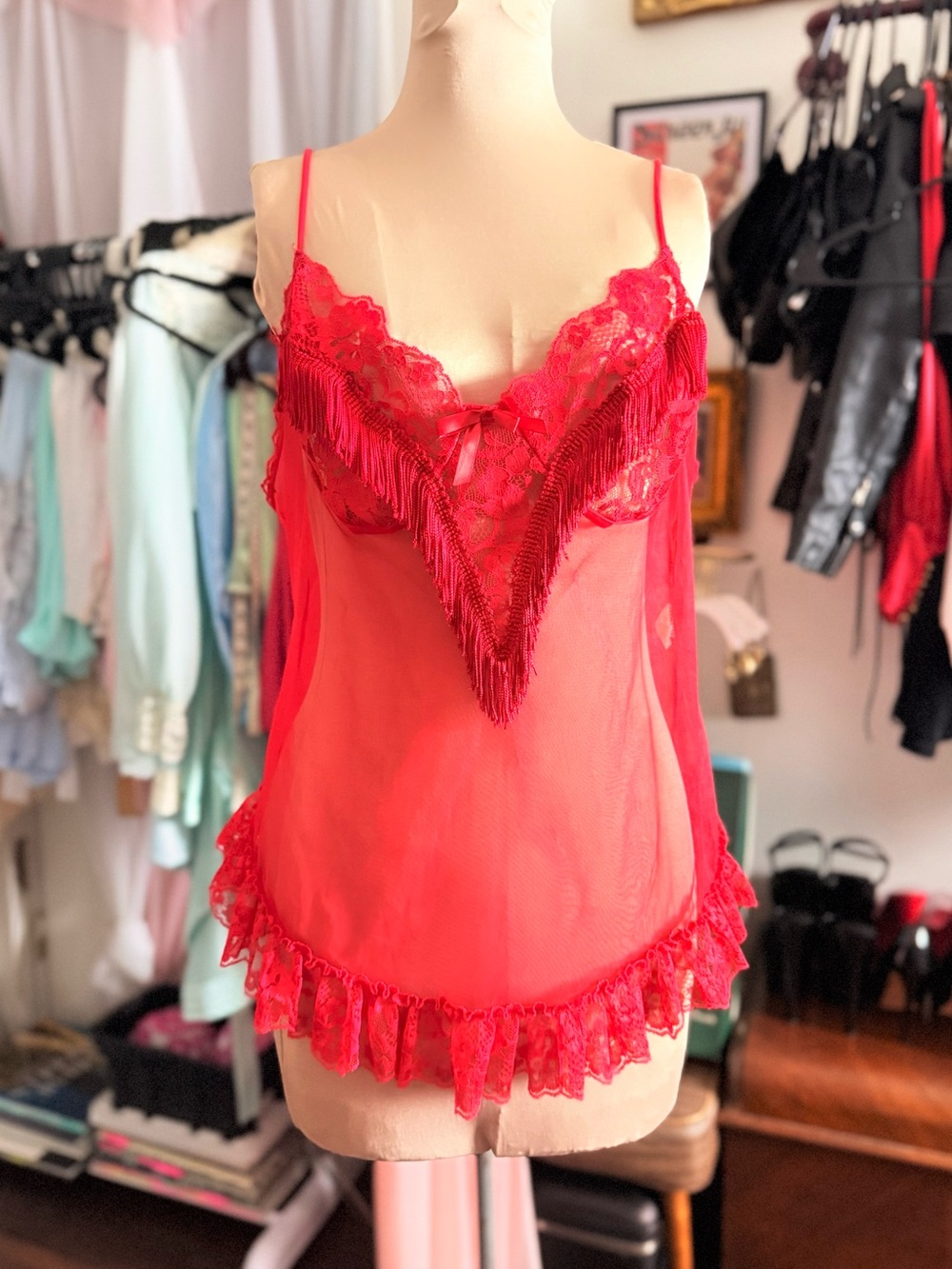 Vintage 1970s 1980s Red Lace Fringe Sheer Camisole Lingerie